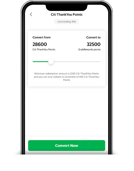 Step 2: Slide to the amount of Points or Miles you wish to transfer to GrabRewards Points and tap on Convert Now.