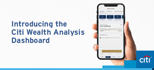 A mobile phone showing the Citi Wealth Analysis Dashboard